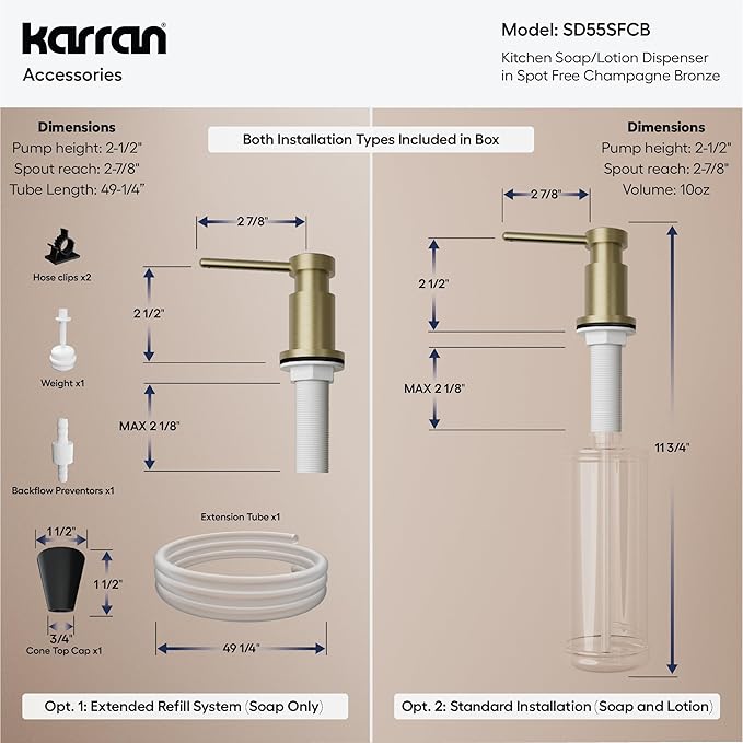 Karran SD55 Kitchen Soap Dispenser – Premium Lead-Free Brass, Dual Refill Options, 47" Undermount Tube for Large Bottles, Self-Priming Pump, Commercial-Grade Durability Spot Free Champaigne Bronze