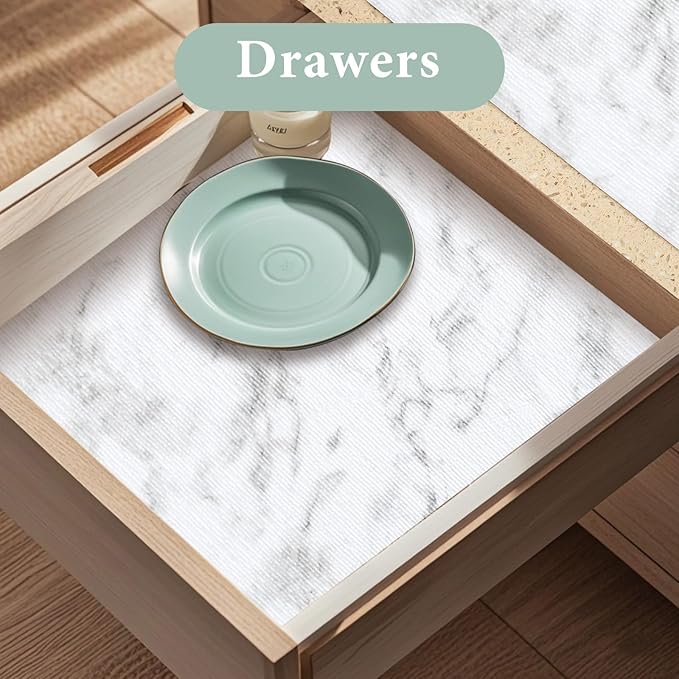 Drawer and Shelf Liner for Kitchen Cabinet: 17 in X 30 Ft Non Slip Waterproof Shelf Paper Non Adhesive Refrigerator Liners White Marble Easy Liners for Bathroom with Knife Tape Measure
