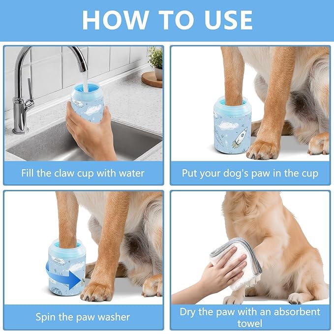 Dog Paw Cleaner Cups for Dogs Pets Foot Washer Paw Scrubber for Medium Small Dogs Cats Cleaning Cup Sky Blue Space Rockets Clouds Stars