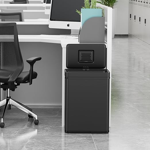 50L / 13 Gallon Smart Automatic Trash Can with Deodorizer Compartment, Stainless Steel Body and Mute Sensor Lid for Kitchen Office Living Room and More, Assemble Large Capacity Garbage Can - Black