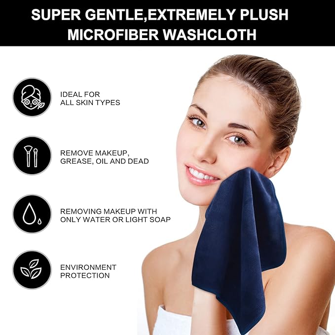 SINLAND Microfiber Facial Cloths Fast Drying Washcloth 12inch x 12inch (6pack, Navy Blue)