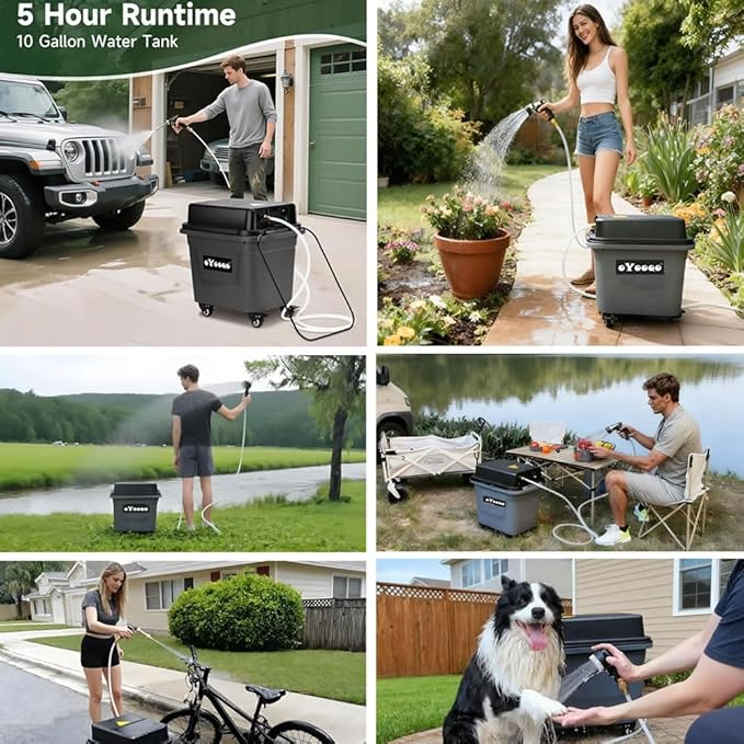 Cordless Pressure Washer - 330 PSI Powerful, 10Gal Built-in Tank, 5-Hour Runtime | Hose-Free Portable Cleaner for Car/Boat/ATV, Patio/Garden, Camping Shower & Outdoor Use