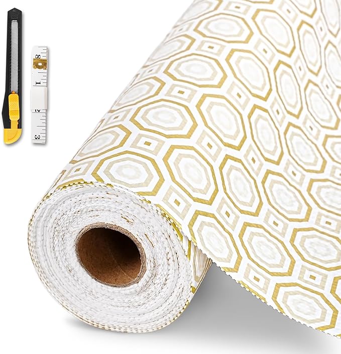 Drawer and Shelf Liner for Kitchen Cabinet,Non-Adhesive Cabinet Liner 18in x 20FT,Waterproof Shelf Paper Non-Slip Mats Cupboard Liners Contact Protect Dresser/Shelves/Table-Gold Octagonal
