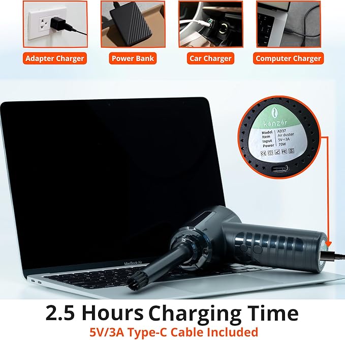 Electric Compressed Air Duster (53000 RPM) - Rechargeable Cordless Air Blower for Computers, PC & Keyboards - Reusable Cleaner Replaces Canned Air Spray