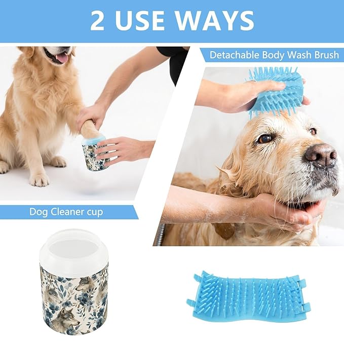 Dog Paw Cleaner Cups for Dogs Pets Foot Washer Paw Scrubber for Medium Small Cats Dogs Cute Cleaning Cup Watercolor Wolves Flowers Grey