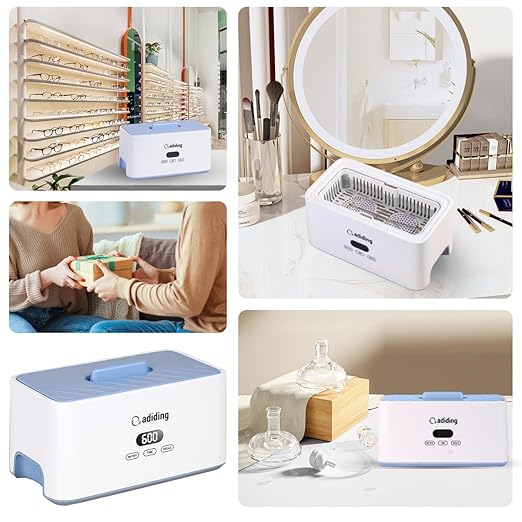 Adiding Jewelry Cleaning Machine, 1000mL (33.8oz) Sonic Retainer Ring Cleaner with 5 Time Mode and Degassing Function Ultrasonic for Glasses, Earrings, Necklaces, Denture, Coins, Pacifier, Blue