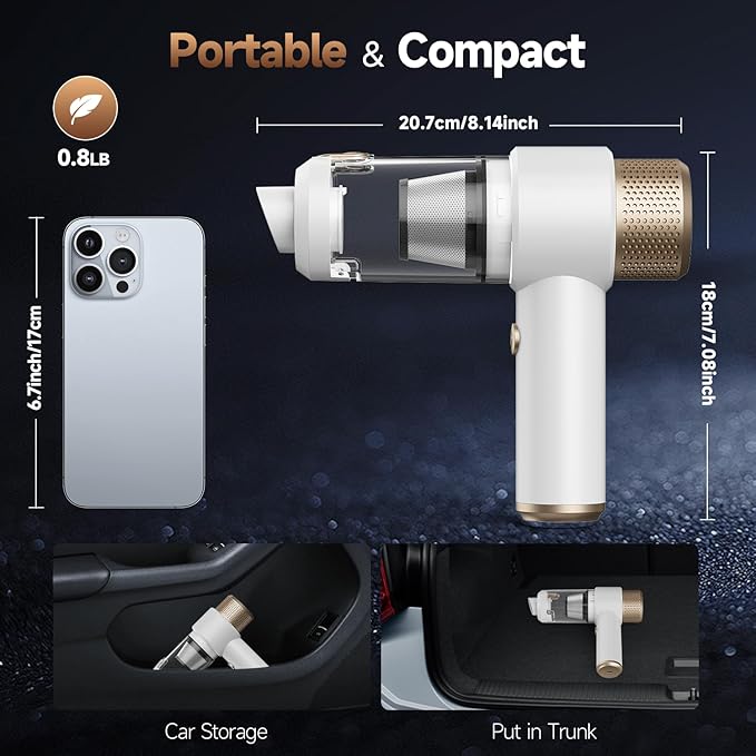 Car Vacuum Cleaner, 16000PA Mini Car Vacuum Cordless Powerful, 7 in 1 Portable Handheld Vacuum Cordless with LED Light, Dual Filters, One-Touch Empty for Pet Hair, Home, Office