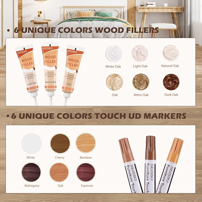 SEISSO Wood Furniture Repair Kit, 6 Colors Wood Fillers and Touch Up Markers, Wooden Putty, Wood Polish Wax for Repair Scratches, Stains, Cracks of Laminate, Door, Table, Cabinet, Floor