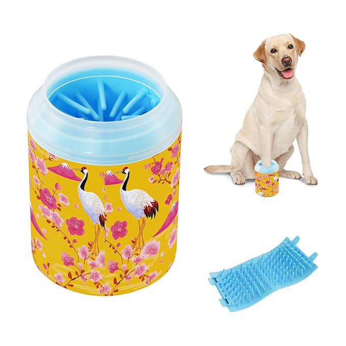 Dog Paw Cleaner Cups for Dogs Pet Foot Washer Paw Scrubber for Small Medium Large Dogs Cats Cleaning Cup Yellow Cranes Cherry Blossoms Mount Fuji