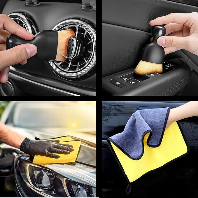 Car Windshield Cleaning Tools, Expandable Car Window Cleaner kit with 4 Reusable Microfiber Pads, Bottles, Windshield Cleaning Wand Tool, Auto Interior Dust Brush, for Trucks, SUVs, RVs etc