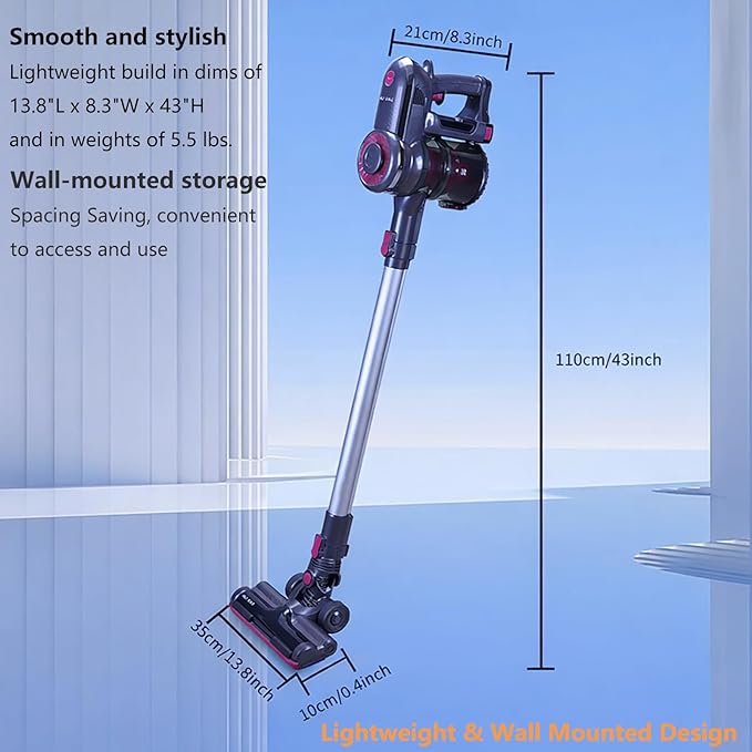 Novaspark Pink Cordless Stick Vacuum Cleaner - 18.5kPa Suction, 50-Min Runtime, Tangle-Free Pet Hair Cleaning, Lightweigh Design with LED Light, HEPA Filter and 4-in-1 Brush Set, HSC-01