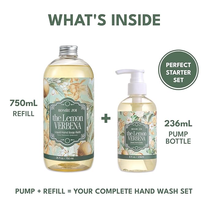 ROMIIE ZOI Hand Soap Gift Set, 750ml Refill + 236ml Liquid Soap, Cruelty-Free, Moisturizing Formula with Essential Oils For Sensitive Skin, Lemon Verbena Scent, For Kitchen & Bathroom