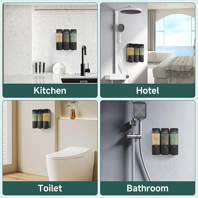Shampoo and Conditioner Dispenser 3 Chamber No Drill Shower Soap Dispenser Wall Mounted Shampoo Conditioner Body Wash Refillable Bathroom Shower Dispenser (Black+Smoke Gray 3 Chamber)