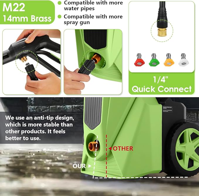 5000PSI Pressure Cleaner,Power Cleaner with Foam Cannon,4 Nozzles,33FT Hose and 500ml Soap Bottle for Home/Cars/Driveways/Patios/Fences,Green