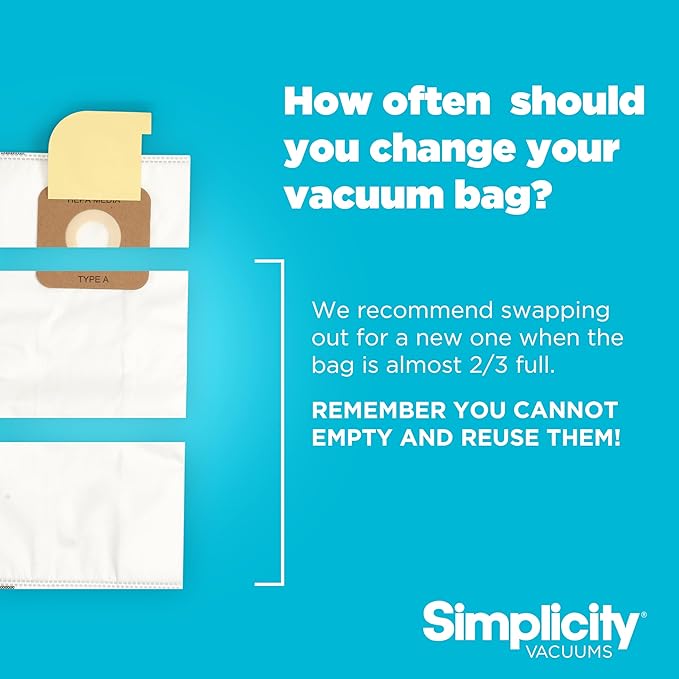 Simplicity Vacuums SAH-6 Certified Hepa Vacuum Replacement Bags, Fits with S20EZM Allergy Upright Vacuum Cleaner, Symmetry and 6 Series, Type A Bags, 6-pack Set