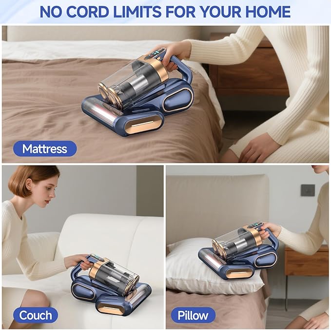 Cordless Mattress Vacuum Cleaner,16Kpa Bed Vacuum with 253.7nm UV-C Light,HEPA Filter & Ultrasonic Tech,Portable Handheld Vacuum for Couch,Sofa & Pet