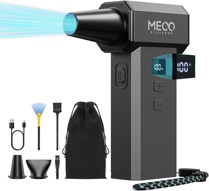 MECO ELEVERDE Electric Air Duster, 220,000 RPM-One Touch Turbo Fan, Stepless Speed Adjustable(±1% Precision Control) Dual Display, 2H Max Runtime, Mini Air Blower for Car,PC, Electronics, Keyboards