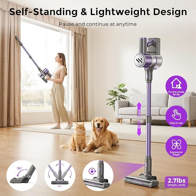 Cordless Vacuum Cleaner,Vacuum Cleaner for Home with Brushless Motor,Lightweight Stick Vacuum with Self-Standing and Touch Screen,Hardwood Floor Vacuum for Pet Hair,Carpets,Tile(Purple)