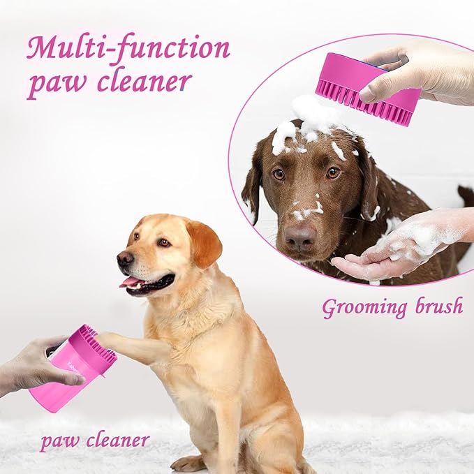 Quick Clean Dog Paw Cleaner 5-in-1 Kit, Pink (Medium) - No Full Bath Needed, Post-Walk Paw Clean - with Silicone Bath Brush, 3 Microfiber Towels - Fits Corgi 1.2-2.5 In (3.05-6.35 cm)