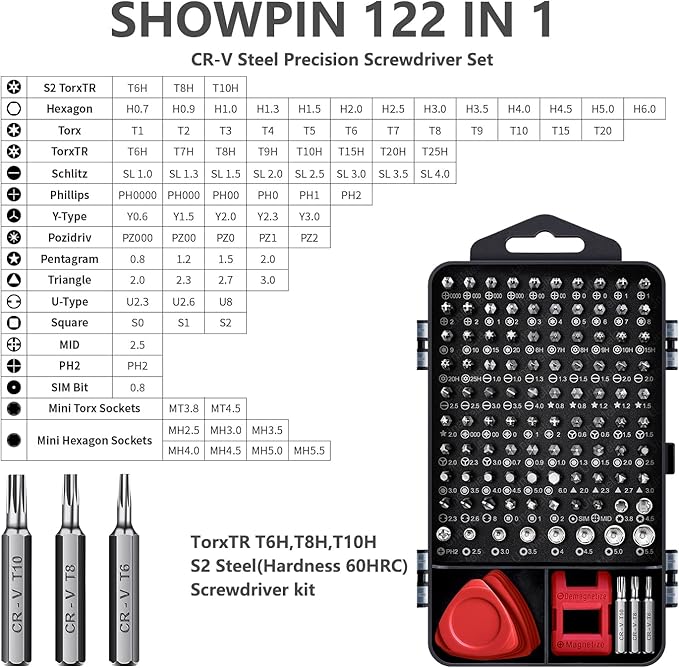 Precision Screwdriver Set, SHOWPIN 122 in 1 Computer Screwdriver Kit, Laptop Screwdriver Sets with 101 Magnetic Drill Bits, Electronics Tool Kit Compatible for Computer, Tablet, PC, iPhone, PS4 Repair