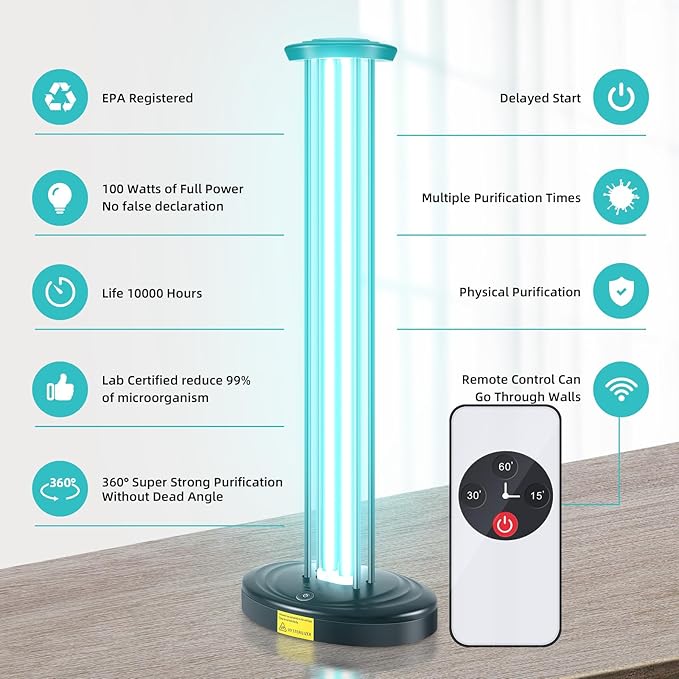 100W UV Light, Ultraviolet Lamp Purifier for Whole Room & House, Ozone-Free, Home Disinfection Device with 3-Gear Timer Remote Control, UVC Lights, Purification for Bathroom, Toilet, Office