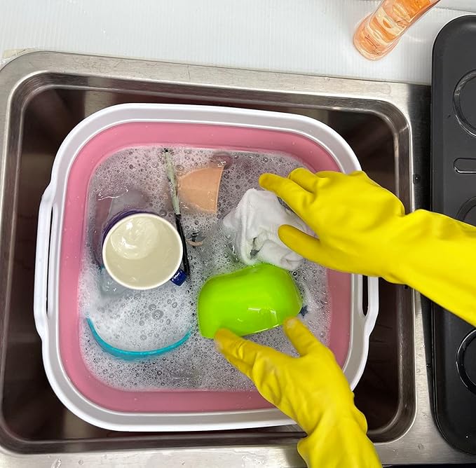 SAMMART 10L (2.64 Gallon) Collapsible Dishpan with Draining Plug - Foldable Washing Basin - Portable Dish Washing Tub - Space Saving Kitchen Storage Tray (White/Pink/White)