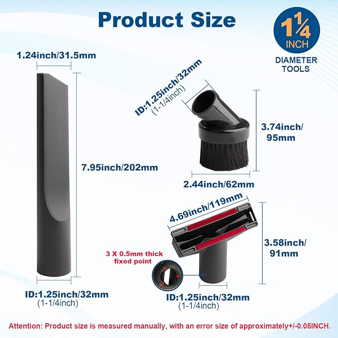 for Shop Vac Attachments Replacement 9064333, 1-1/4 (1.25“) (32MM) Inch Diameter for Wet/Dry Use Ideal for Upholstery and Carpets - Includes Round Brush, Crevice Tools and Gulper Tool - 3 Pack