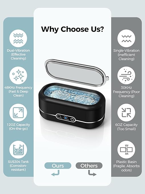 Ultrasonic Jewelry Cleaner, 48KHz Jewelry Ultrasonic Cleaner Machine for All Jewelry, Glasses, Rings, Retainers, Watch Strap, Dentures, 304 Stainless Steel 12oz Cleaning Pod - Black