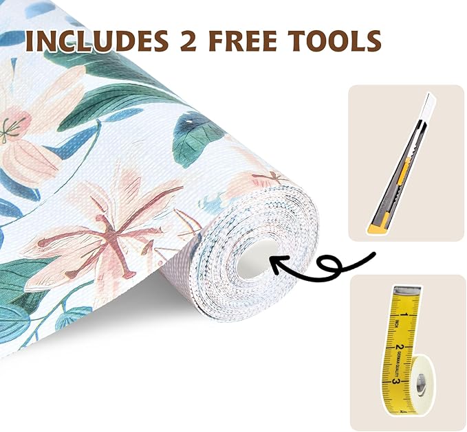 Shelf Liners for Kitchen Cabinets 17in x 30FT, Non Adhesive Drawer Liner Colored Flowers Thickened Shelf Liner Non-Slip Easy to Clean for Tool Box Refrigerator with Knife and Tape Measure