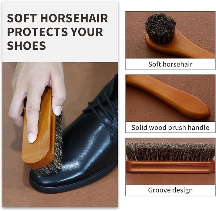 IKI Shoe Shine Polish Kit - 7PCS Leather Boot Care Kit with Black Shoe Polish Horsehair Brush Cloth Shoe Horn for Men