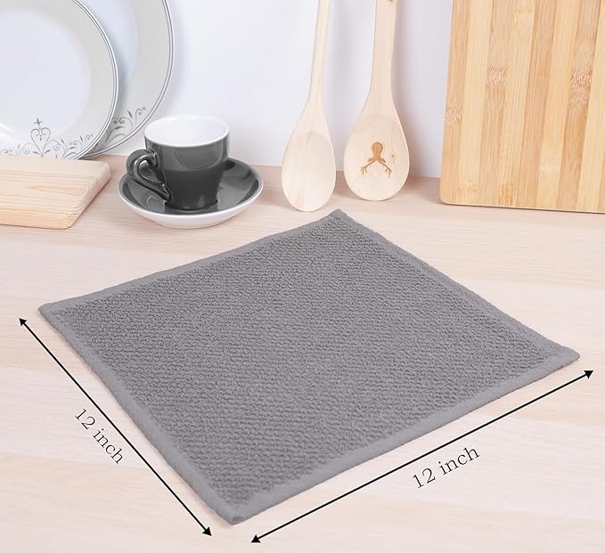 AMOUR INFINI Cotton Kitchen Dish Cloths Set of 8 – Highly Absorbent, Super Soft Premium Terry Cleaning Cloth (12"x12" Inch) Premium Dishcloths for Washing Dishes (Light Gray)