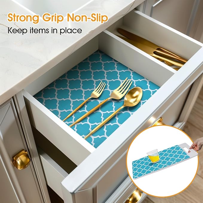Shelf and Drawer Liner for Kitchen Cabinets Non-Adhesive, Strong Grip Non-Slip Thickened Cabinet Liners for Shelves, Waterproof Mats for Dresser Cupboard, Green/White, 12 in x 10 Feet