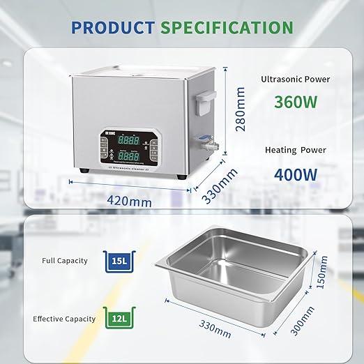 DK SONIC Professional Ultrasonic Cleaner 15L, 360W Heavy-Duty Sonic Cleaner with Timer,Heater&Touch Control, Multi-Application for Motorcycle Engines, Carburetors, Chains (Include Basket)
