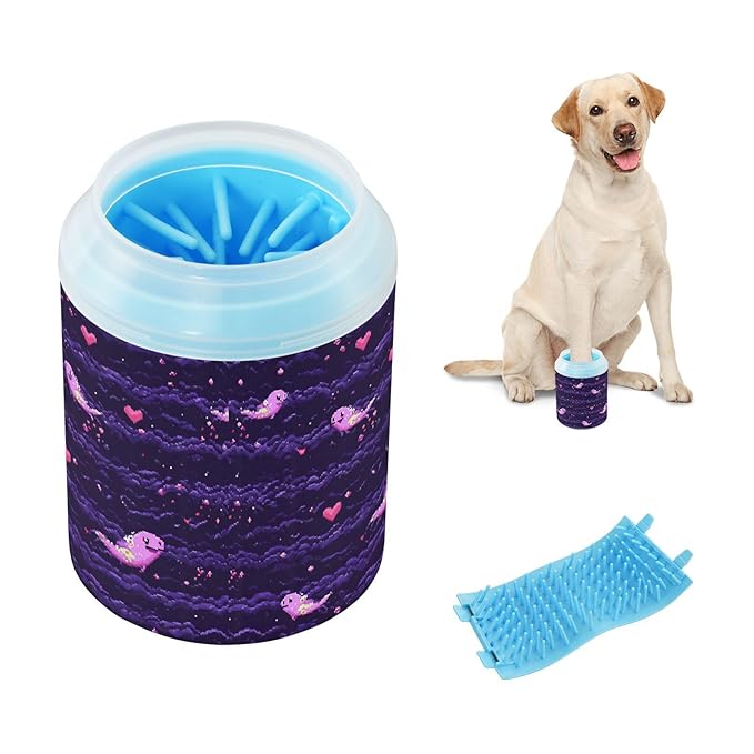 Dog Paw Cleaner Cups for Dogs Pets Foot Washer Paw Scrubber for Medium Small Cats Dogs Cute Cleaning Cup Purple Seacreatures Hearts Clouds