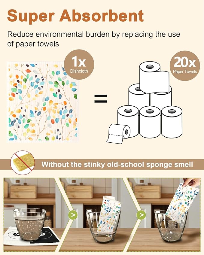 Swedish Dishcloths for Kitchen with Hooks - Reusable Dish Cloths for Washing Dishes Fast Drying Cute Fun 5 Pack Swedish Dish Towels Washable Cleaning Sponge, Elegant Flowers