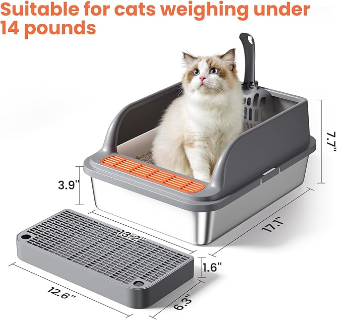 Stainless Steel Cat Litter Box, Metal Kitty Litter Box Includes Litter Mat & Scoop, Easy Cleaning Anti-Scratch Kitty Cat Box Anti-Urine Leakage, Non-Sticky, Perfect for Small Cats, Grey