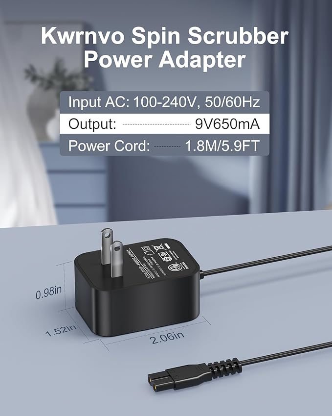 9V Charger for LABIGO/Voweek/Khelfer/Homitt Electric Spin Scrubber Power Cord 5.9FT, 2 Prong