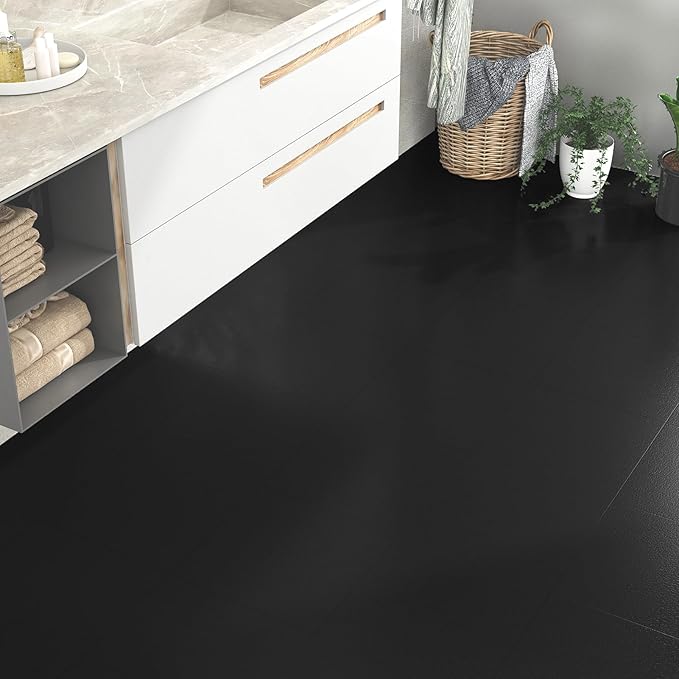 Marble Pure Black Floor Tiles Sheets Peel and Stick Vinyl Flooring for Bathroom Kitchen 5PCS Self Adhesive Flooring Panels Waterproof Basement Garage Floor Stickers Non-Slip Stick on Tiles 12''x12''