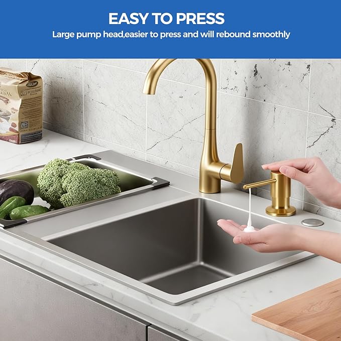 Brushed Gold Soap Dispenser for Kitchen Sink, Built in Soap Dispensers, Stainless Steel Sink Soap Dispenser or Lotion Dispenser Pump with 47" Extension Tube Kit, Upgraded Metal Check Valve