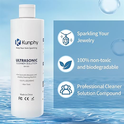 kunphy Sonic Jewelry Cleaner - Effective Solution for Cleaning Gold, Silver, Platinum, Diamonds, and Eyeglasses Watch, 8.5 oz (2 packs)