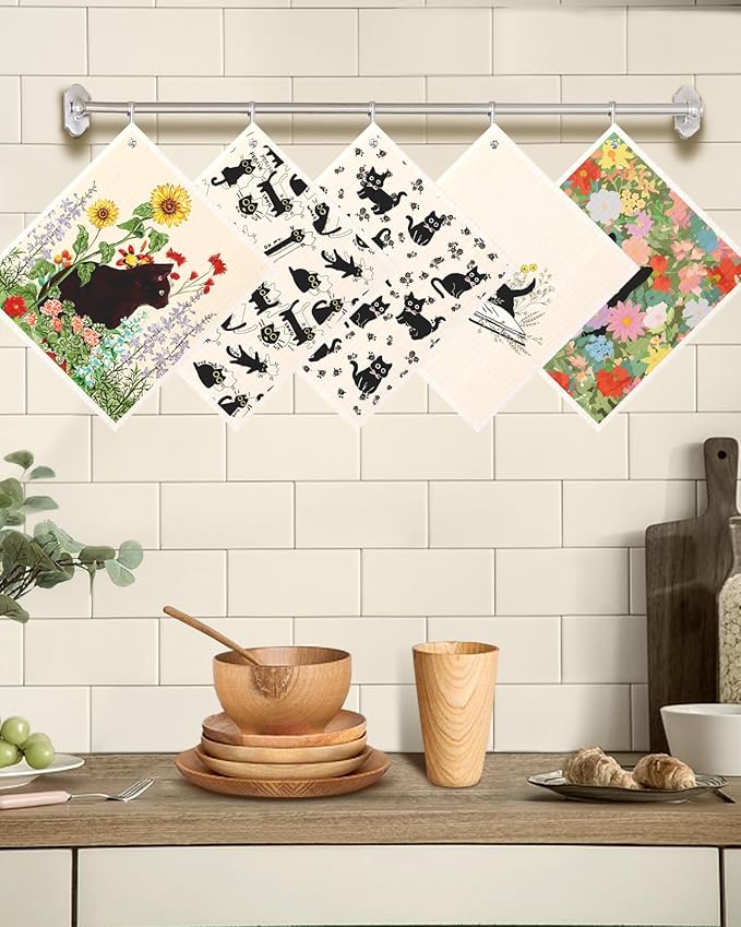 Swedish Dishcloths for Kitchen with Hooks - Reusable Dish Cloths for Washing Dishes Fast Drying Cute Fun 5 Pack Swedish Dish Towels Washable Cleaning Sponge, Black Cats