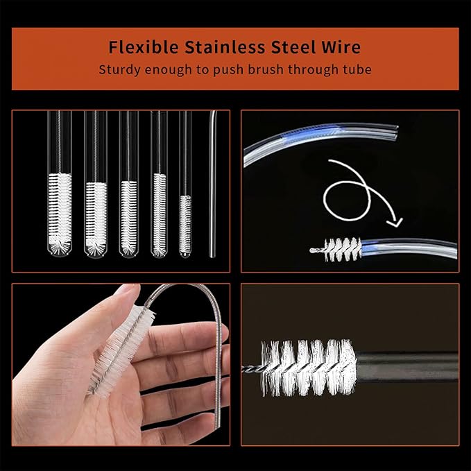 10 Pcs Flexible Drain Brush Straw Cleaner Brush Set,Pipe Cleaners Brush,61Inch Stainless Steel Double-Ended Hose Brush 8.2Inch Nylon Long CPAP Tube Cleaning Brush for Home Kitchen Sink Plumbing(White)