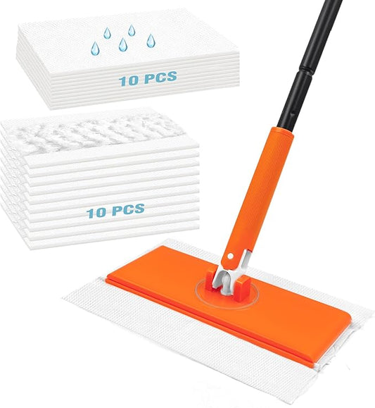 JEHONN Sweeper Mop Compatible with Swiffer Pads, 2-in-1 Starter Kit for Multi Surface Cleaning, Disposable Floor Duster, 10 Dry Sweeping Cloths, 10 Wet Mopping Refills for Kitchen Wall Window