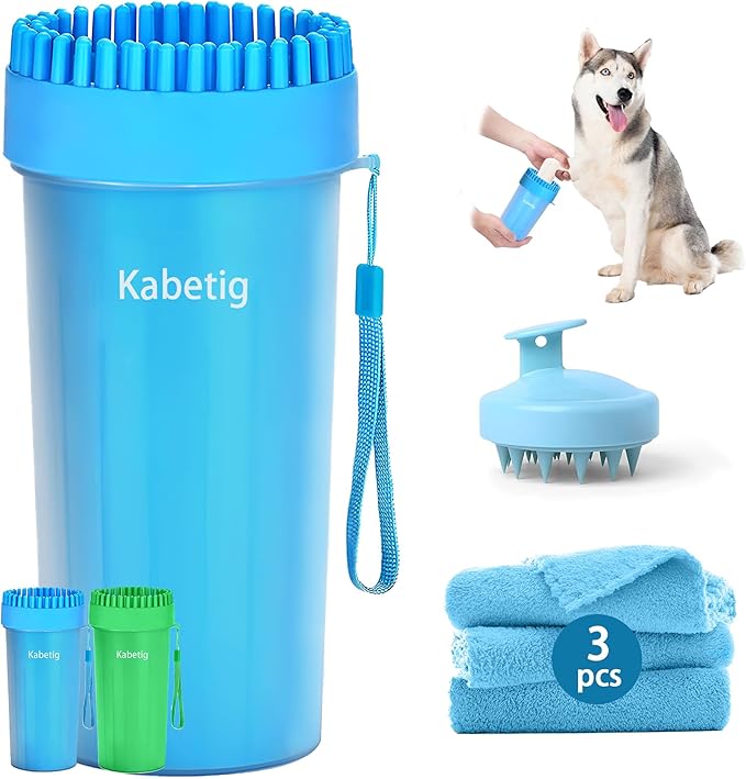 Dog Paw Cleaner Kit - Blue, for L/XL Dogs, Quick Clean No Full Bath, 5-in-1 Bath Grooming Kit, Exclusive Cup-Mounted Brush Head, Grip Silicone Brush, 3 Absorbent Towels, Fits Lab