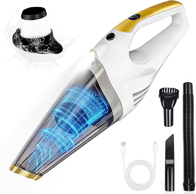 Handheld Vacuum Cordless,Car Vacuum Portable Cordless Rechargeable Hand Vacuum with LED Light, 6kpa Powerful Suction with Three Types of Suction Heads and Filters for Cat/Home/Office Cleaning