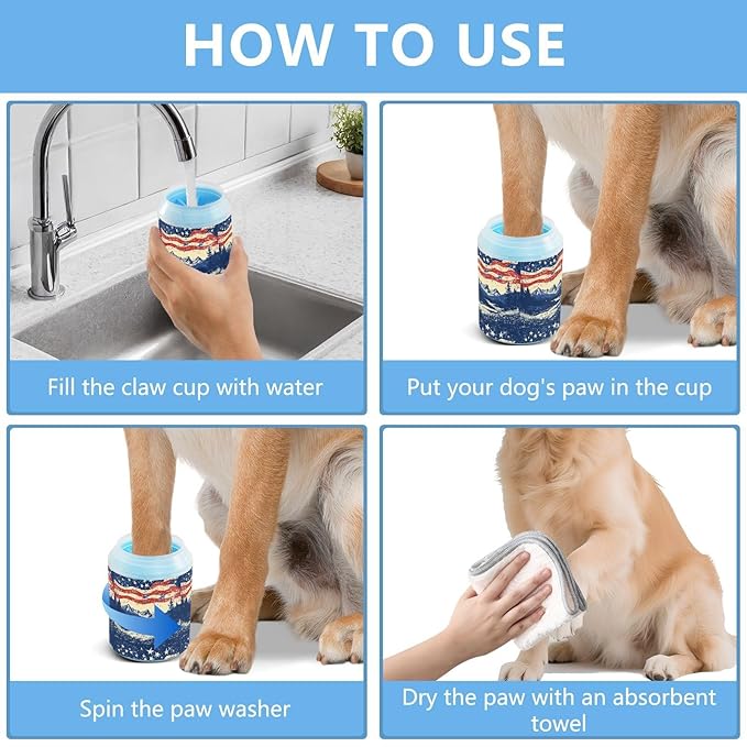 Dog Paw Cleaner Cups for Dogs Pets Foot Washer Paw Scrubber for Medium Small Cats Dogs Cute Cleaning Cup July 4th Flags Mountains Blue
