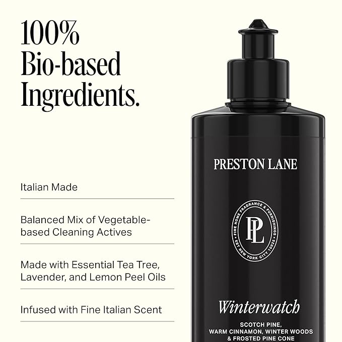 Preston Lane Luxury Dish Soap, Winterwatch Scent – Plant Powered Formula with Essential Oils | Tough on Grease, Gentle on Hands | Vegan, Cruelty Free, Non Toxic Home Essential