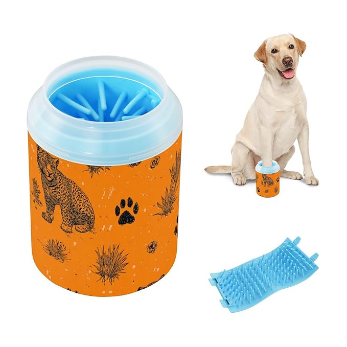 Dog Paw Cleaner Cups for Dogs Pet Foot Washer Paw Scrubber for Small Medium Large Dogs Cats Cleaning Cup Orange Leopards Paw Prints