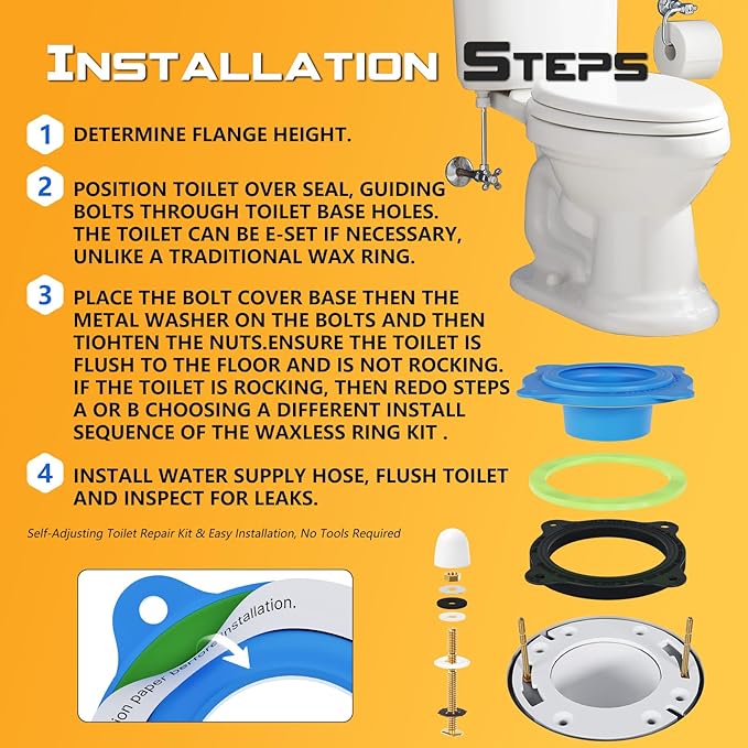 Wax Ring Kit for Toilet Installation - Elastic Rebound Wax-Free Gasket, Reusable Toilet Seal Ring Stops Leaks & Odors, Fits Uneven Floors - No Wax Rubber DIY Kit for 3"/4" Drain, Ideal for Homeowners