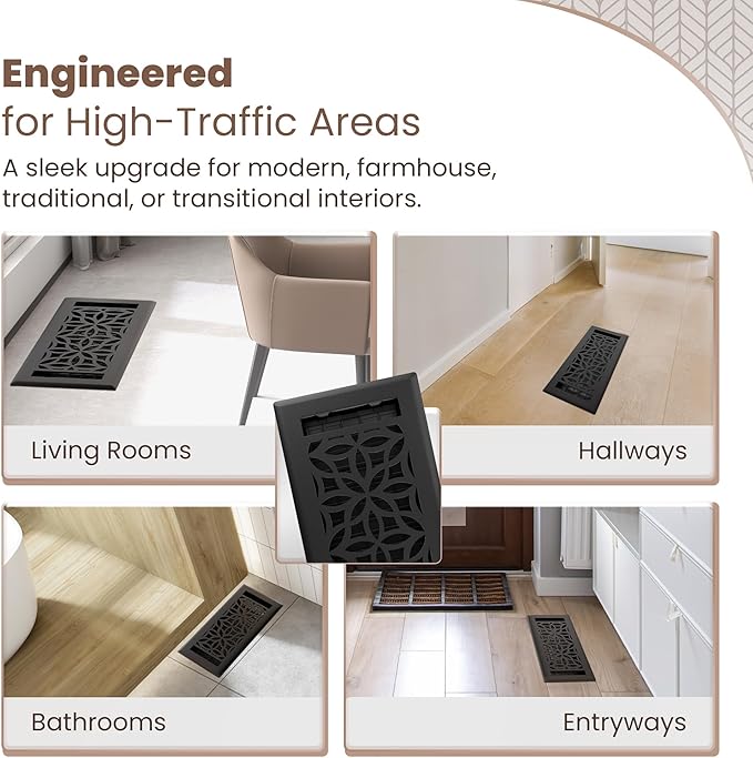 Floor Register 4x10 Vent Cover – 2 Pack – Heavy-Duty Steel, Rustproof & Walkable Grates, Drop-in Install, Adjustable Air Supply Switch - Decorative Floral Design, Textured Black
